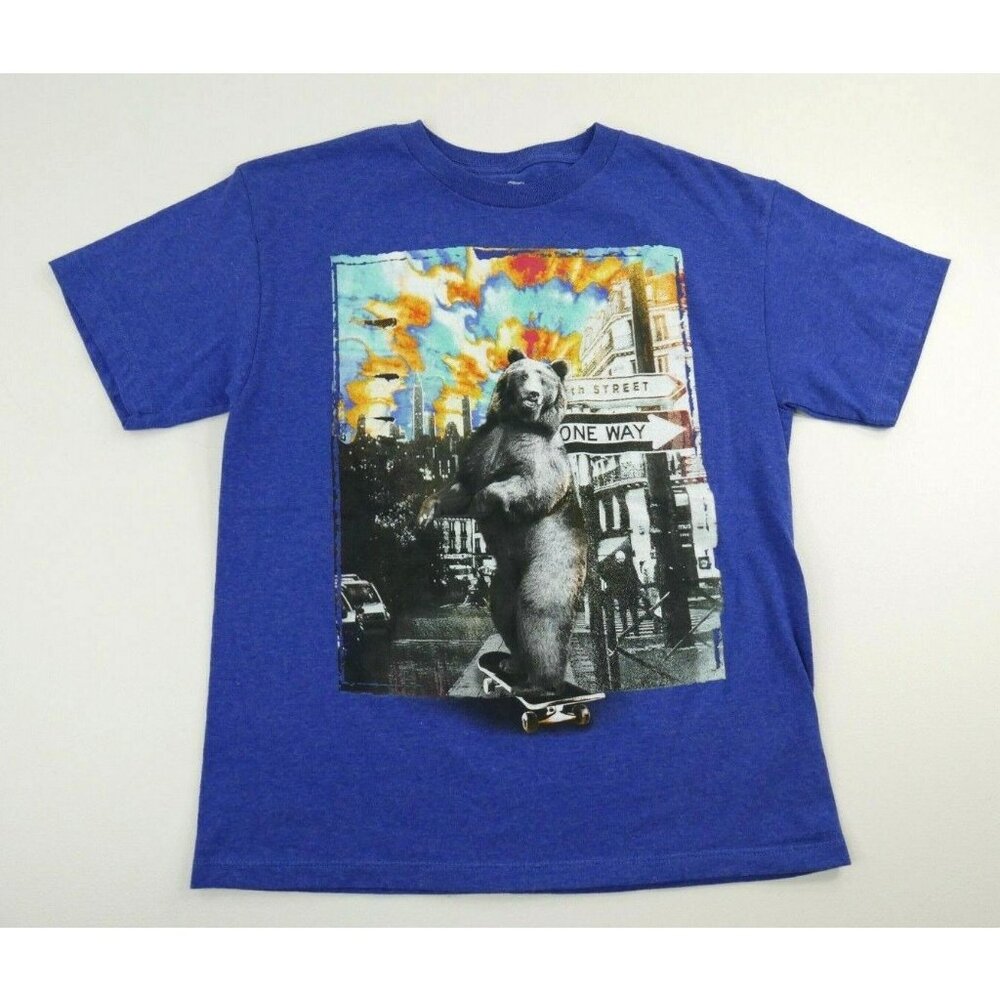 Epic Threads Blue Short Sleeve T Shirt Bear Skateboarding in the City Wm Medium